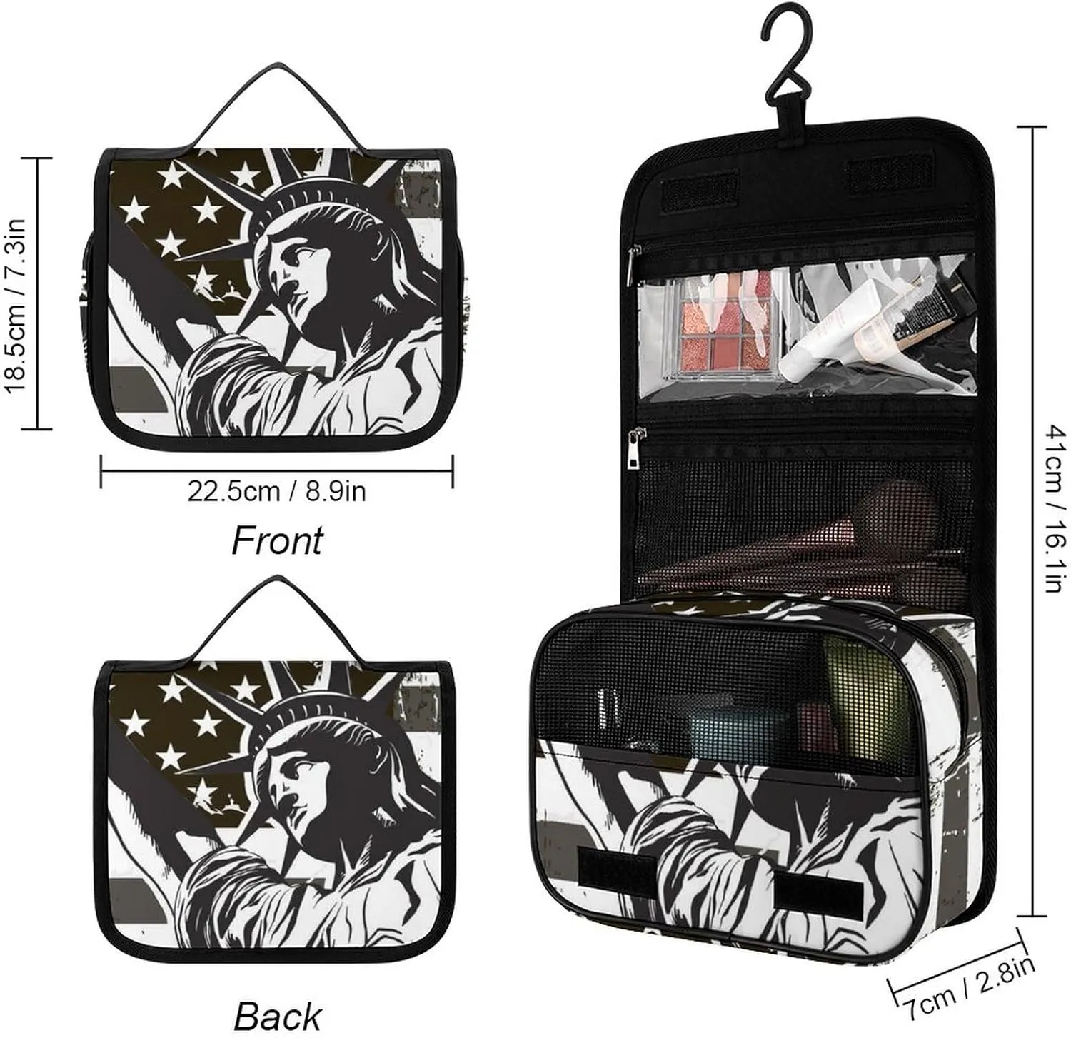 Hanging Travel Toiletry Bag Cosmetic Make Up Organizer Compatible with Statue of Liberty Black And White Vintage Retro American Flag for Women and Girls Waterproof