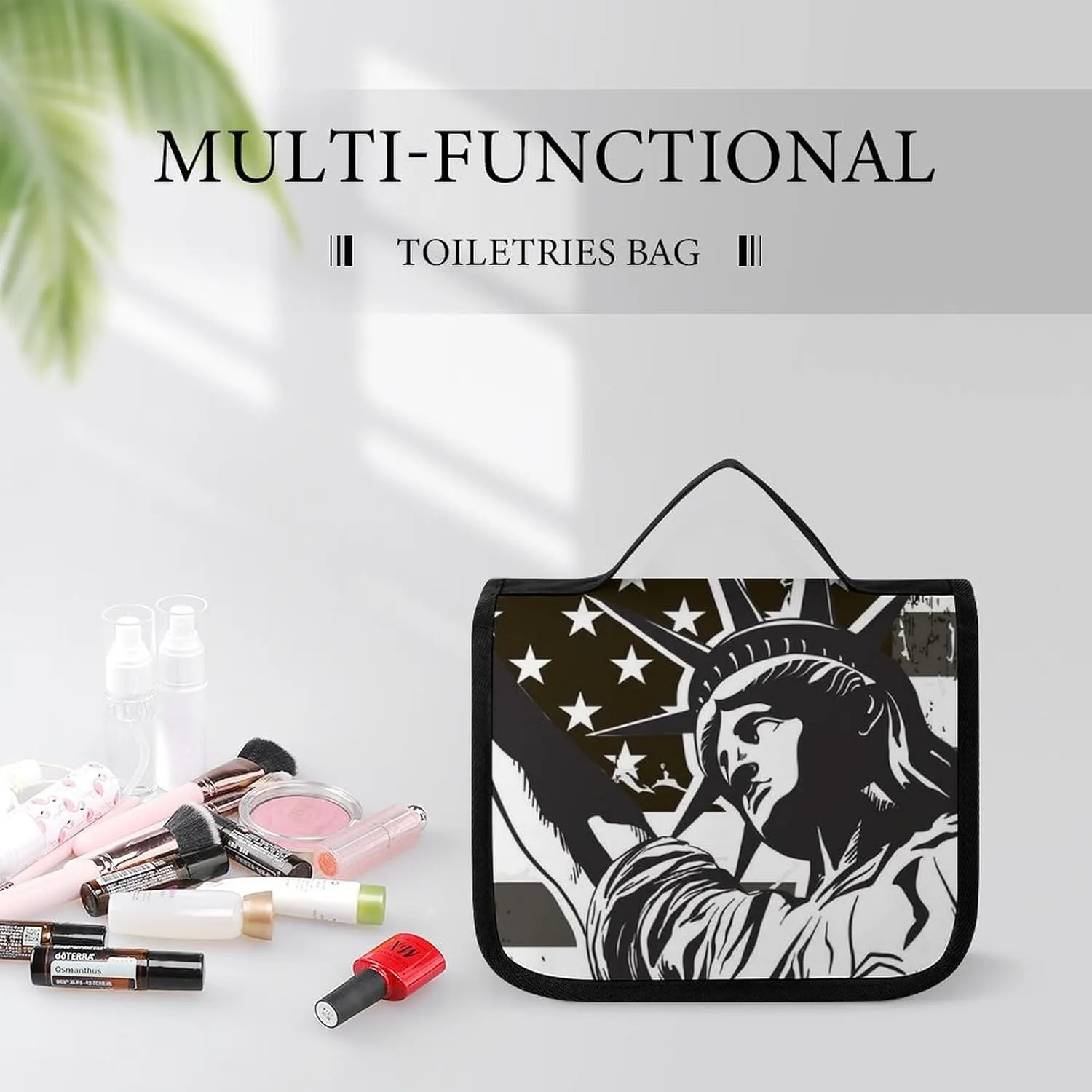 Hanging Travel Toiletry Bag Cosmetic Make Up Organizer Compatible with Statue of Liberty Black And White Vintage Retro American Flag for Women and Girls Waterproof