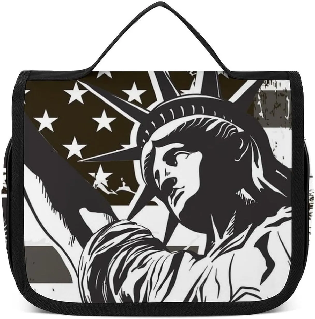 Hanging Travel Toiletry Bag Cosmetic Make Up Organizer Compatible with Statue of Liberty Black And White Vintage Retro American Flag for Women and Girls Waterproof