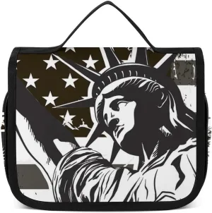 Hanging Travel Toiletry Bag Cosmetic Make Up Organizer Compatible with Statue of Liberty Black And White Vintage Retro American Flag for Women and Girls Waterproof