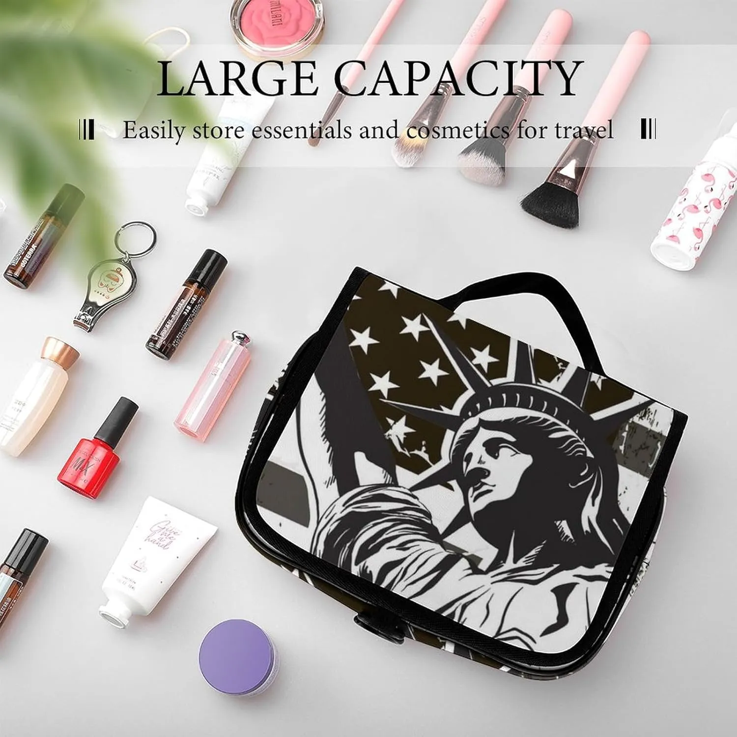 Hanging Travel Toiletry Bag Cosmetic Make Up Organizer Compatible with Statue of Liberty Black And White Vintage Retro American Flag for Women and Girls Waterproof
