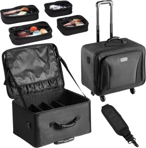 Happybuy Rolling Makeup Train Case, Large 3-Tier Storage Organizer, Portable with Handle, Wheels & Strap, Waterproof Oxford Makeup Carrier, Black