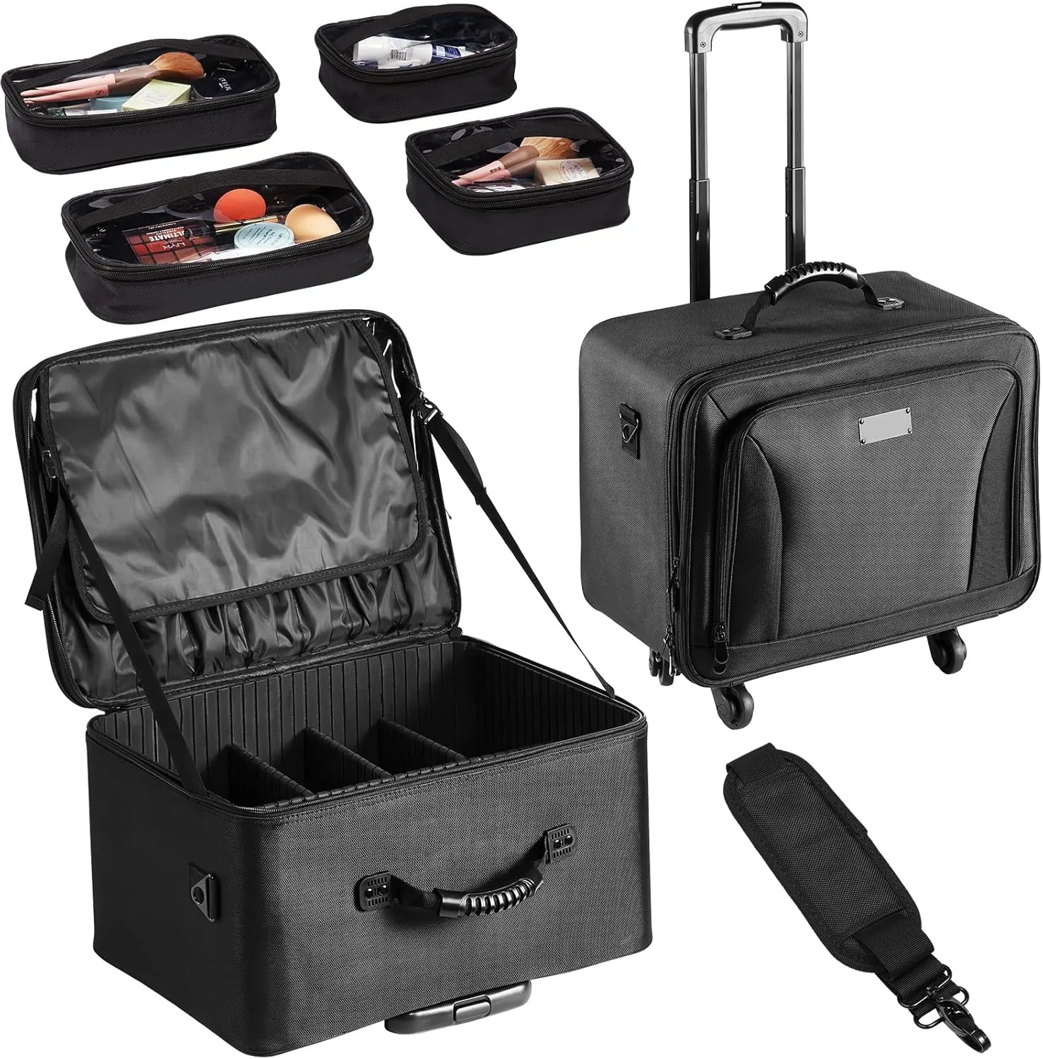 Happybuy Rolling Makeup Train Case, Large 3-Tier Storage Organizer, Portable with Handle, Wheels & Strap, Waterproof Oxford Makeup Carrier, Black