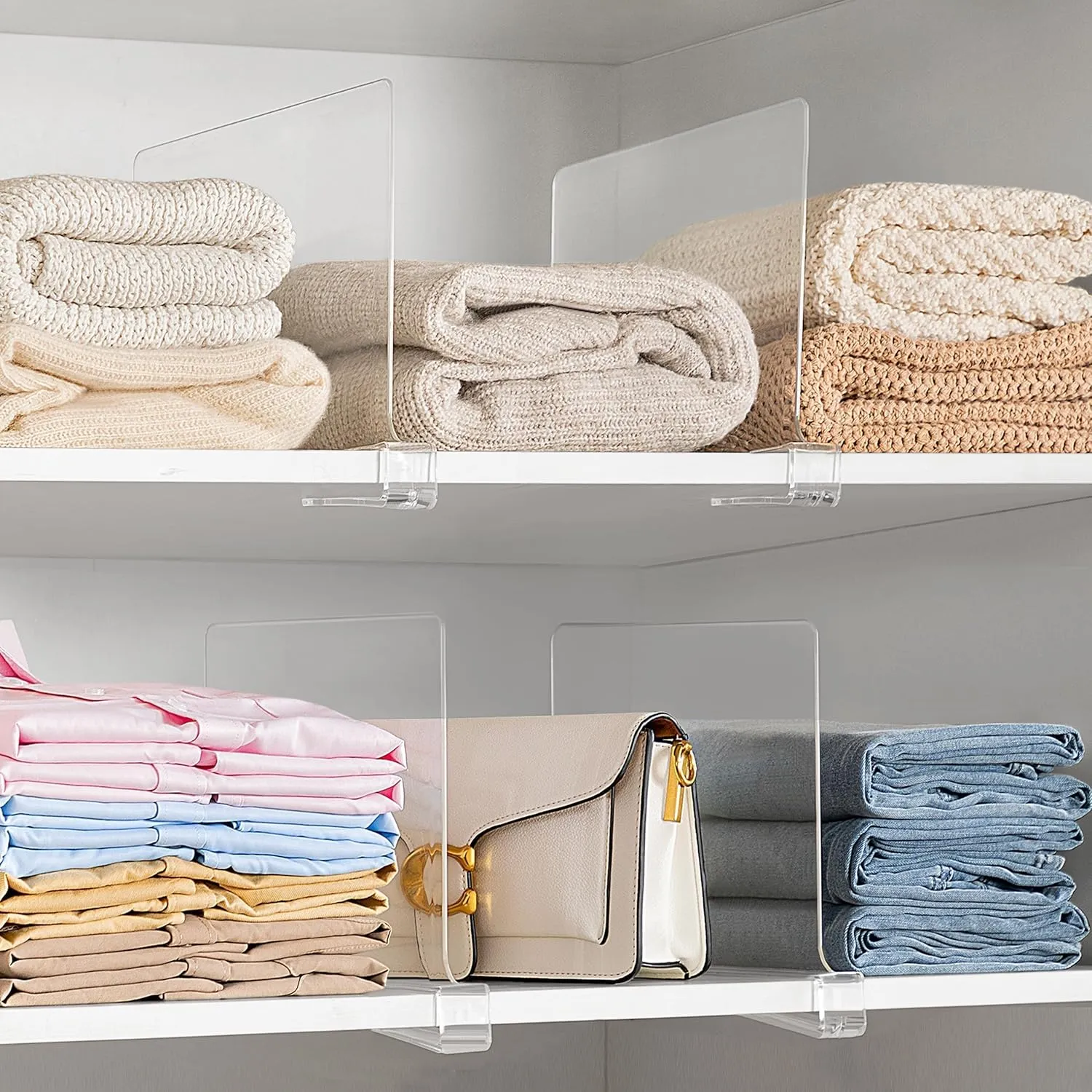 HBlife 6 Pack Closet Organizers and Storage, Clear Shelf Dividers, Vertical Purse Organizer for Closet Perfect for Sweater, Shirts, Handbags in Bedroom and Kitchen, Acrylic Bookshelf for Organization