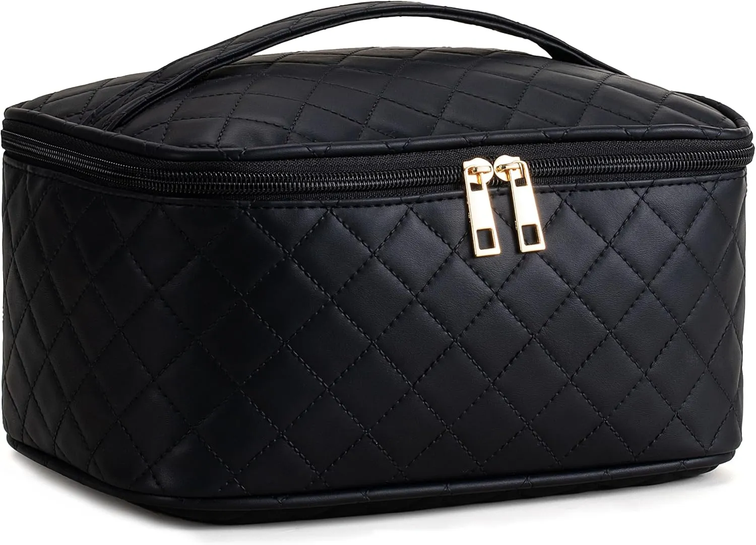 HBlife Travel Makeup Bag Portable Cute Leather Cosmetic Bag Large Make Up Bag Makeup Case Organizer Toiletry Bag for Women Girls with Handle and Removable Divider(Black Rhombus)