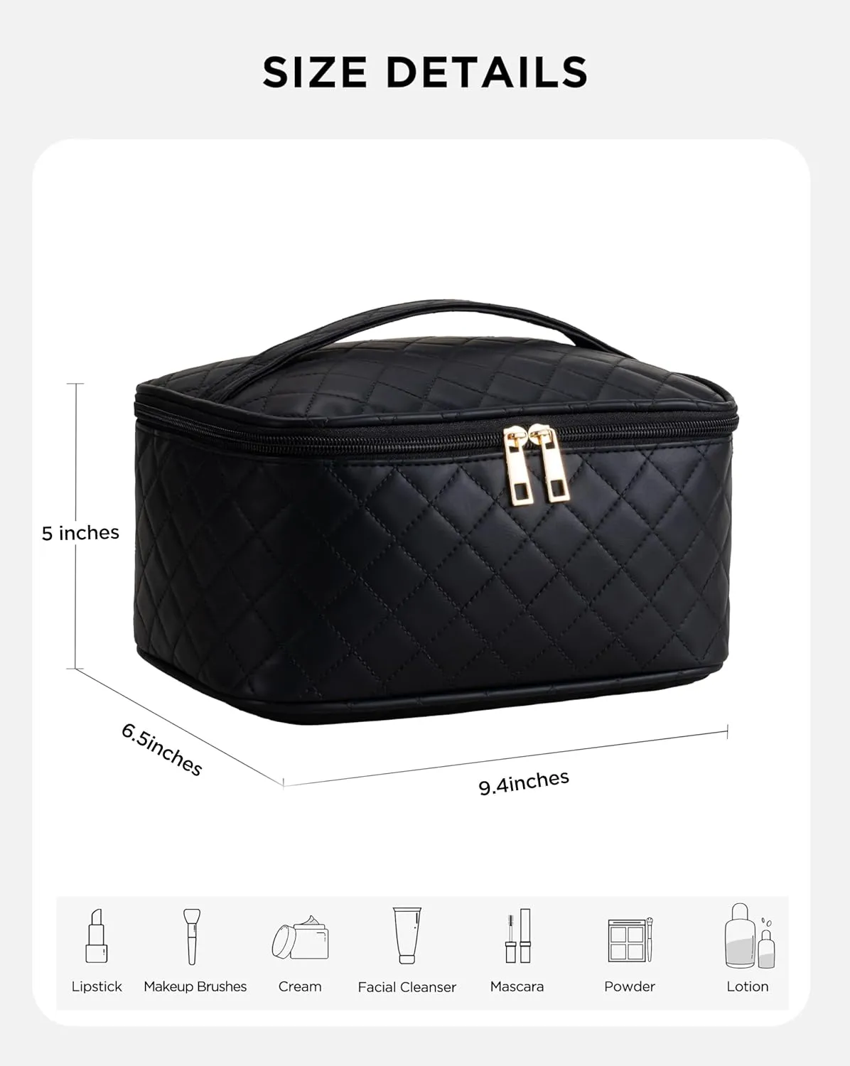 HBlife Travel Makeup Bag Portable Cute Leather Cosmetic Bag Large Make Up Bag Makeup Case Organizer Toiletry Bag for Women Girls with Handle and Removable Divider(Black Rhombus)