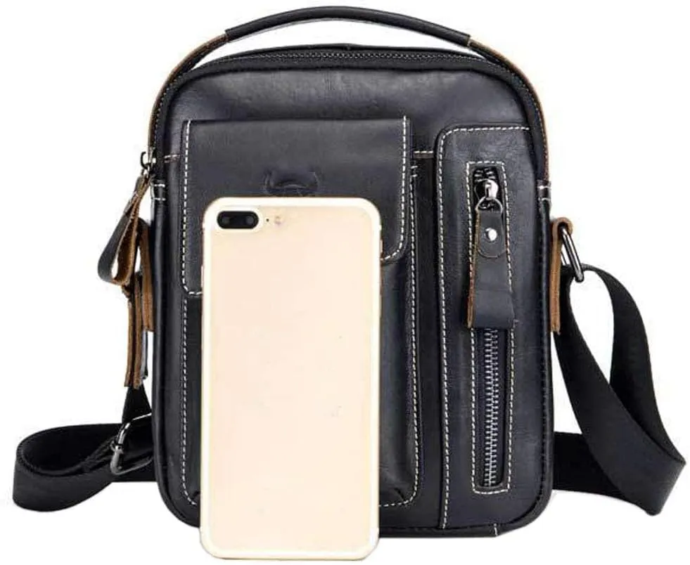 Hebetag Small Leather Shoulder Bag Crossbody Pack for Men Outdoor Travel Business