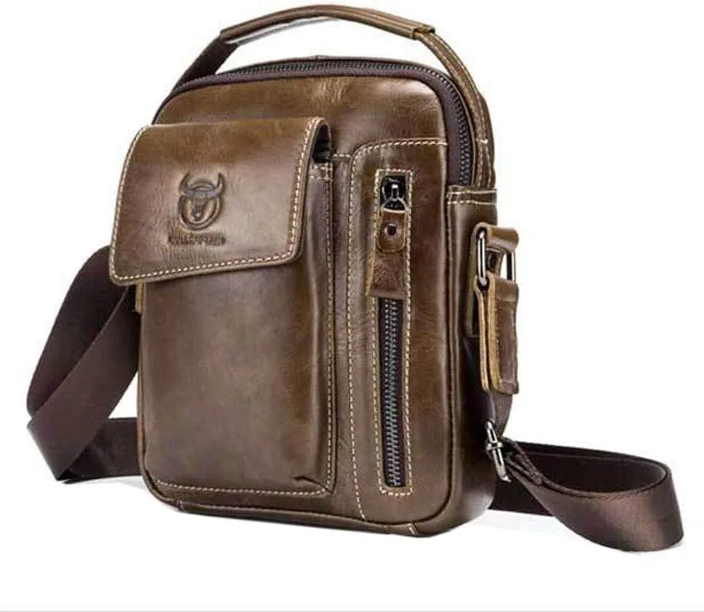 Hebetag Small Leather Shoulder Bag Crossbody Pack for Men Outdoor Travel Business