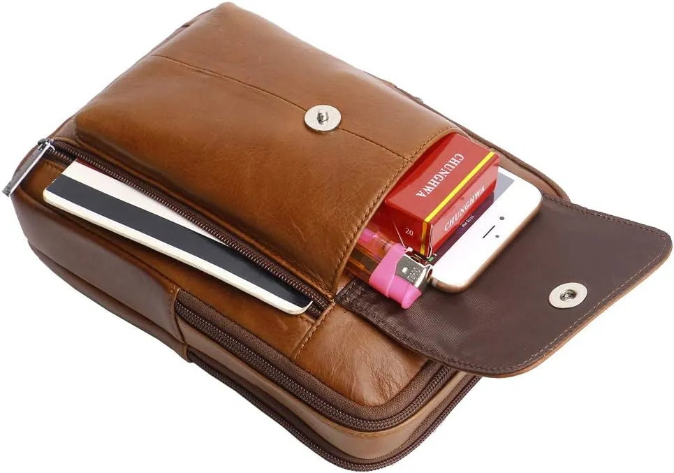 Hebetag Small Leather Sling Shoulder Bag Messenger Pack for Men Women Outdoor Travel Business