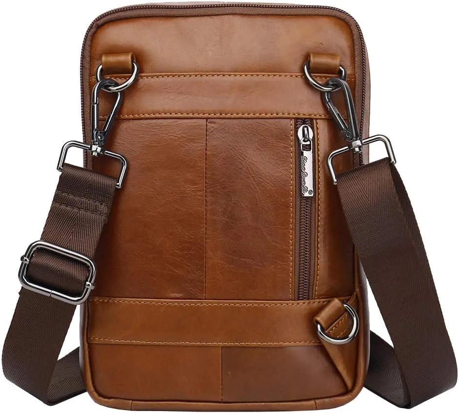 Hebetag Small Leather Sling Shoulder Bag Messenger Pack for Men Women Outdoor Travel Business