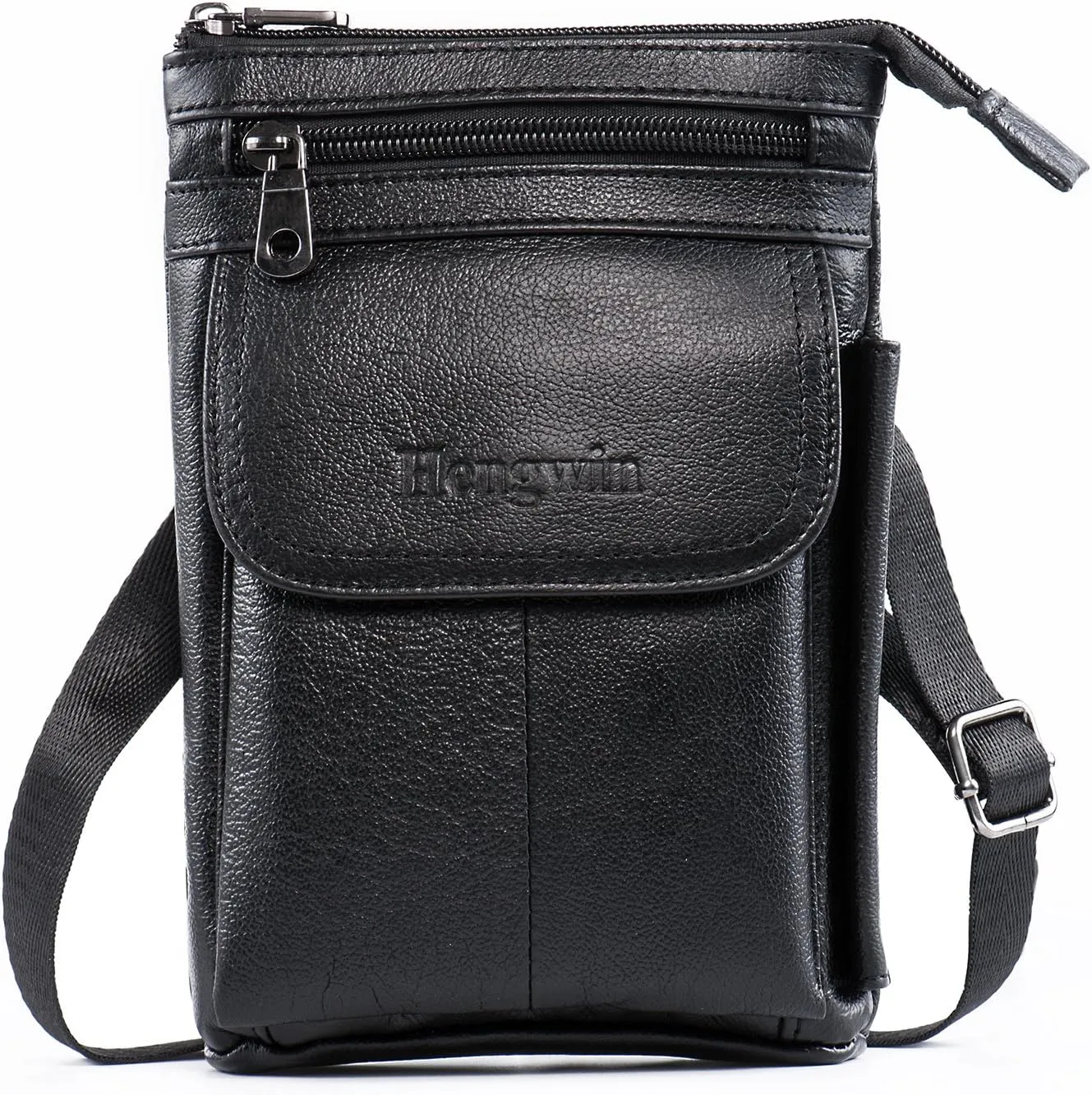 Hengwin Genuine Leather Small Crossbody Purse for Men Women, Travel Passport Wallet Cell Phone Shoulder Holster Belt Pouch Messenger Bag