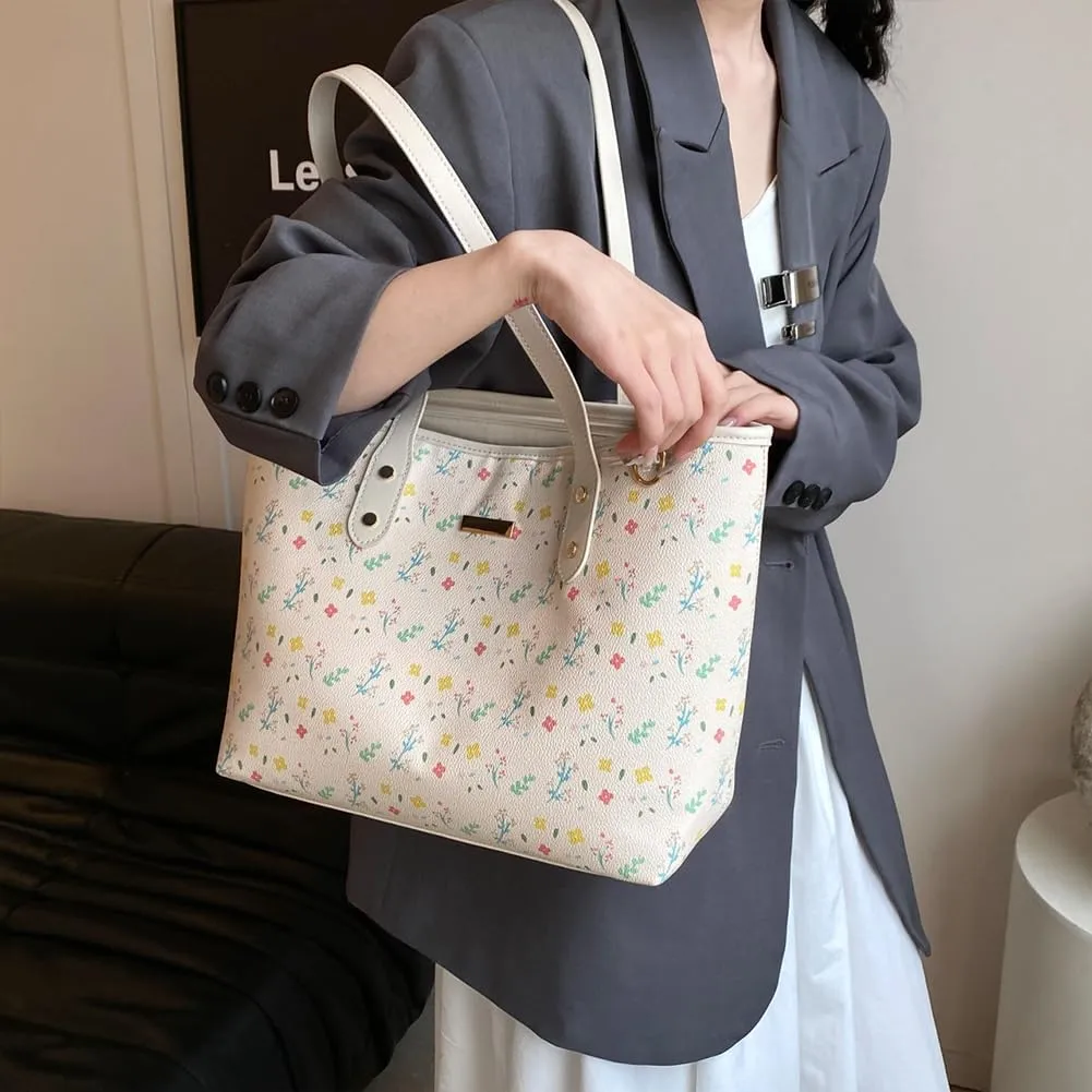HIBEAR Leather Tote Bag For Women,Cherry Print Shoulder Bag Large Work Tote Bag Cute Floral Cherry Purse with Zipper Closure