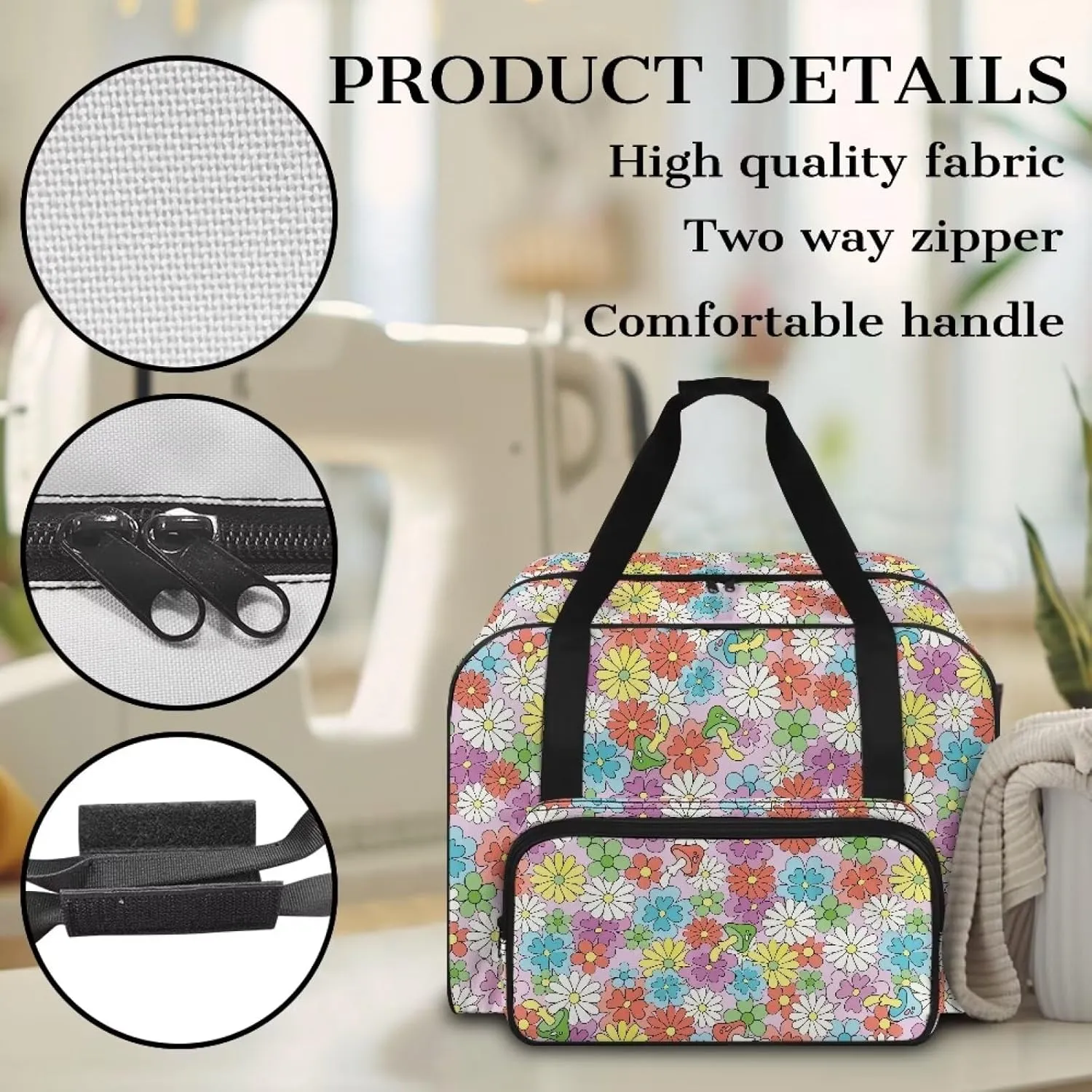 Hippie Flower Fashion Sewing Machine Bag, Portable Tote Bag Compatible with Most Sewing Machines，Extra Sewing Accessories
