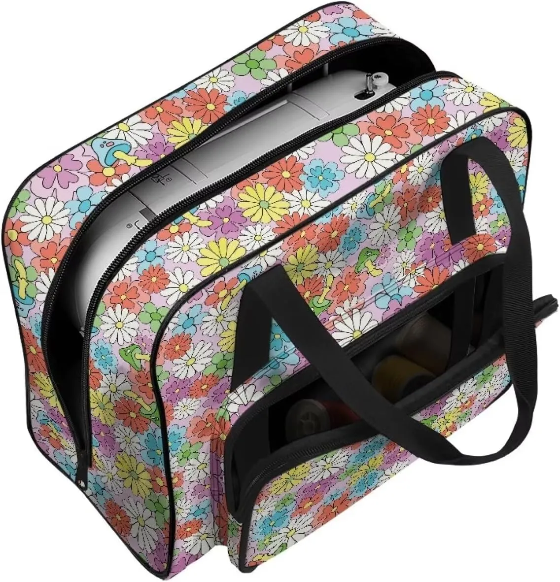 Hippie Flower Fashion Sewing Machine Bag, Portable Tote Bag Compatible with Most Sewing Machines，Extra Sewing Accessories