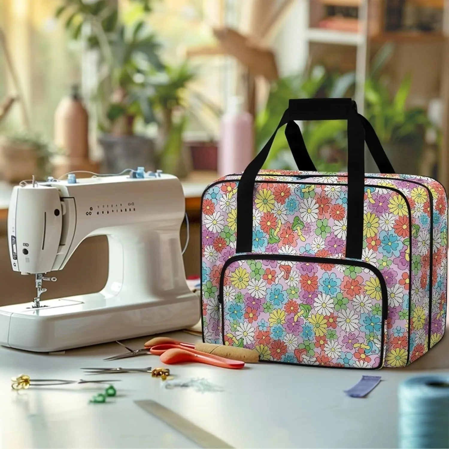 Hippie Flower Fashion Sewing Machine Bag, Portable Tote Bag Compatible with Most Sewing Machines，Extra Sewing Accessories