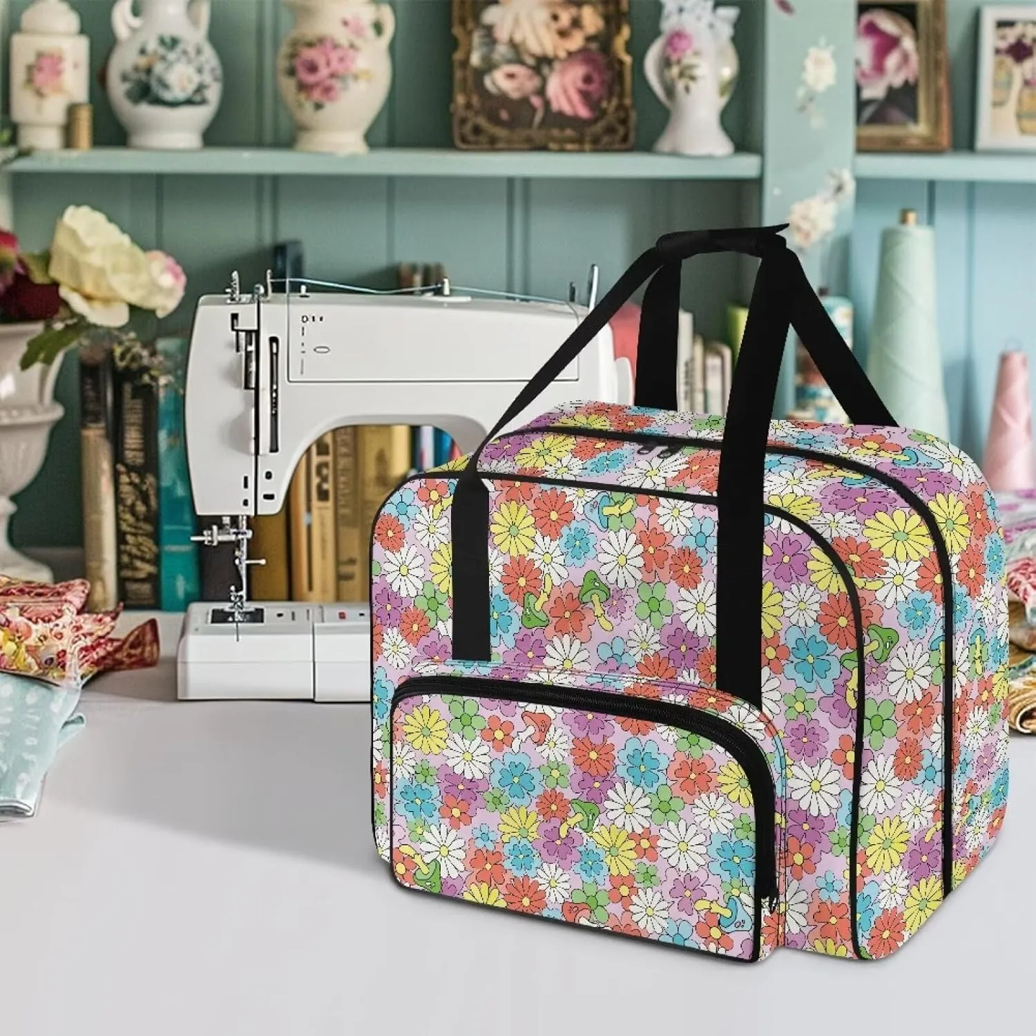 Hippie Flower Fashion Sewing Machine Bag, Portable Tote Bag Compatible with Most Sewing Machines，Extra Sewing Accessories