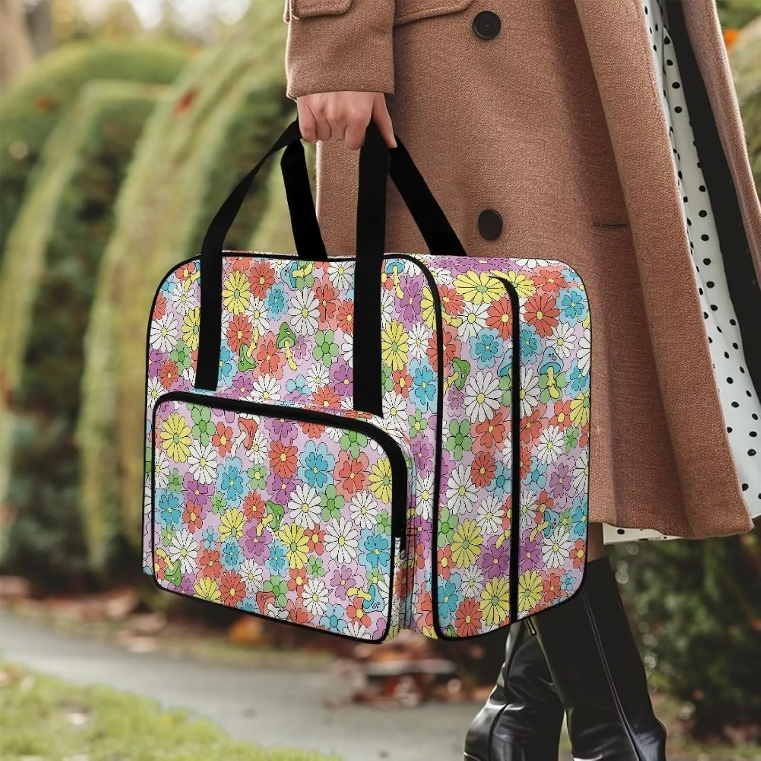 Hippie Flower Fashion Sewing Machine Bag, Portable Tote Bag Compatible with Most Sewing Machines，Extra Sewing Accessories