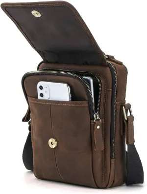 Hiram Messenger Bag for Men, Men's Genuine Leather Cross-body Bag for 7.9" iPad Mini,Satchel Briefcase Shoulder Bag for Men(Coffee)