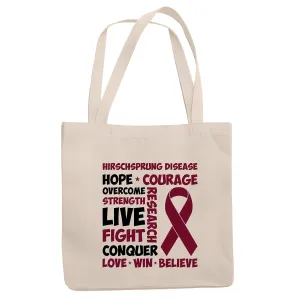 Hirschsprung Disease awareness Burgundy Ribbon love live strength hope overcome win Natural White Multicolor Canvas Tote Bag