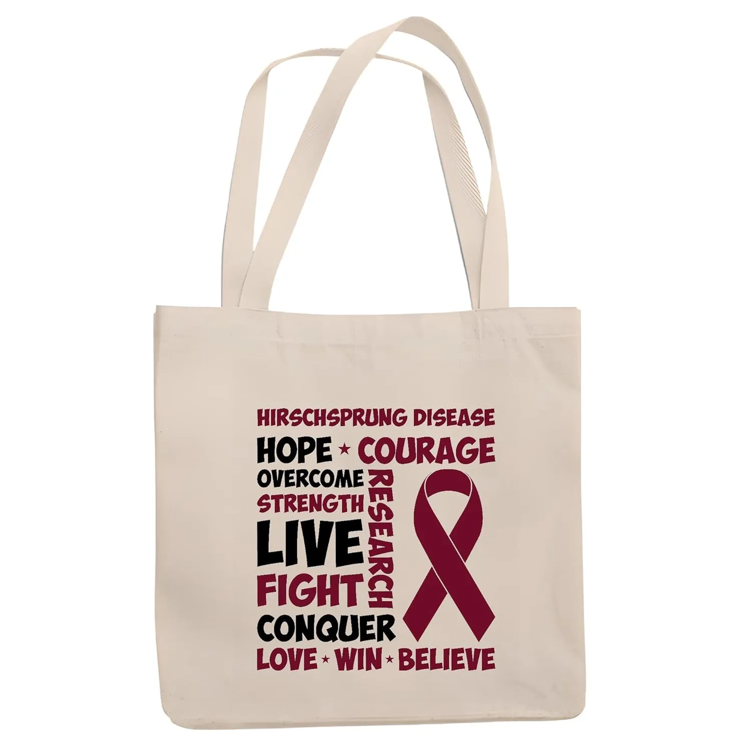 Hirschsprung Disease awareness Burgundy Ribbon love live strength hope overcome win Natural White Multicolor Canvas Tote Bag