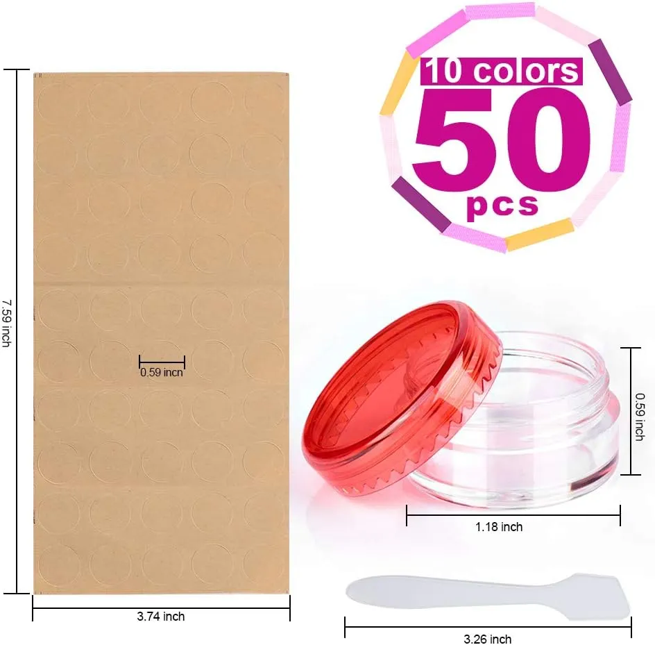 HNYYZL Sample Container,50 Pack Empty Cosmetic Containers Plastic Travel Pot Jar for Liquid Lotion Cream Sample Make-up Storage(10 Colors, 5ML),and 10pcs Mini Spatulas and 50pcs Labels