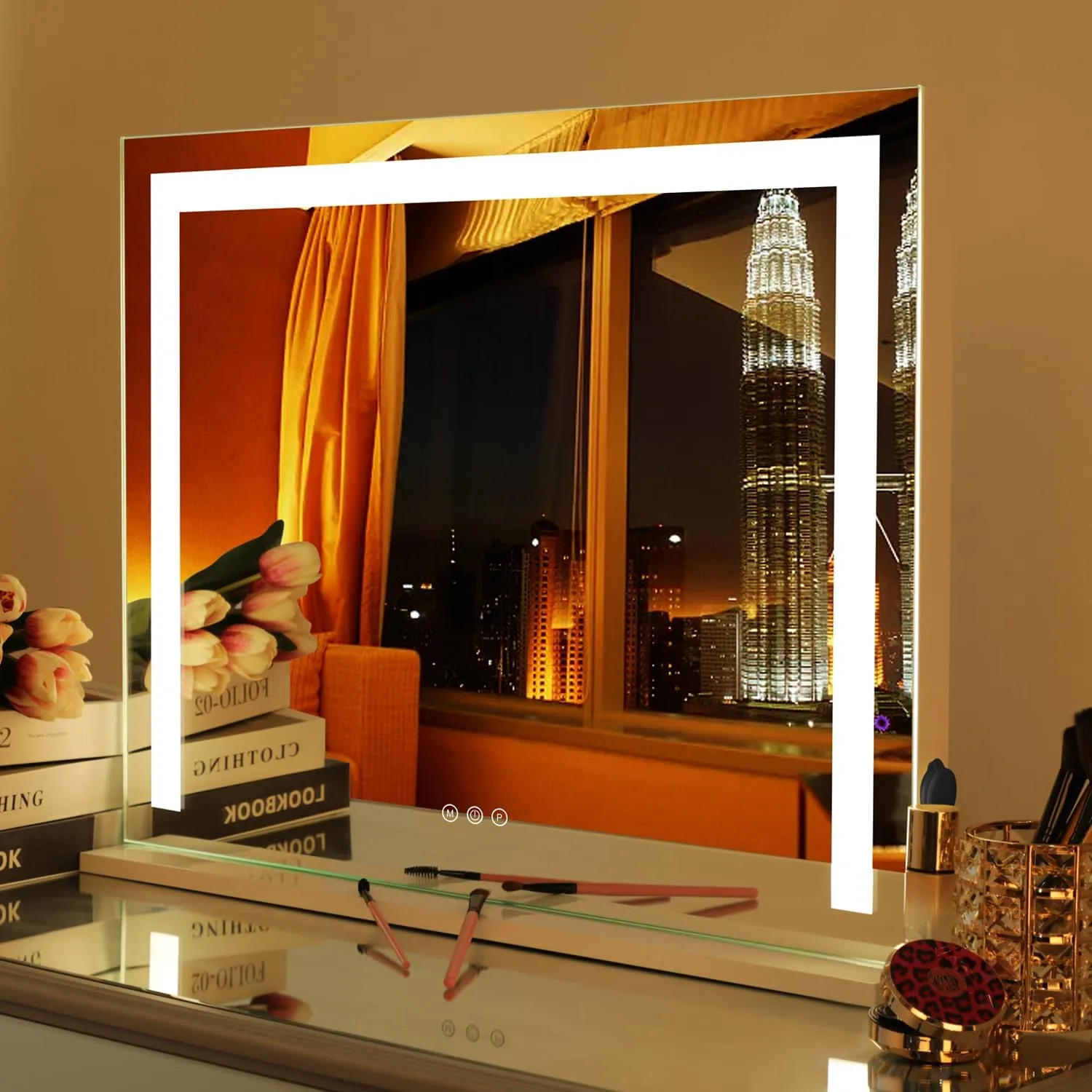 Hollywood Vanity Mirror Large Makeup Mirror with Lights, Metal Frame, Dimmable 3 Modes, Touch Control, USB Charging, Tabletop or Wall-Mounted, 22.83" x 17.5", White