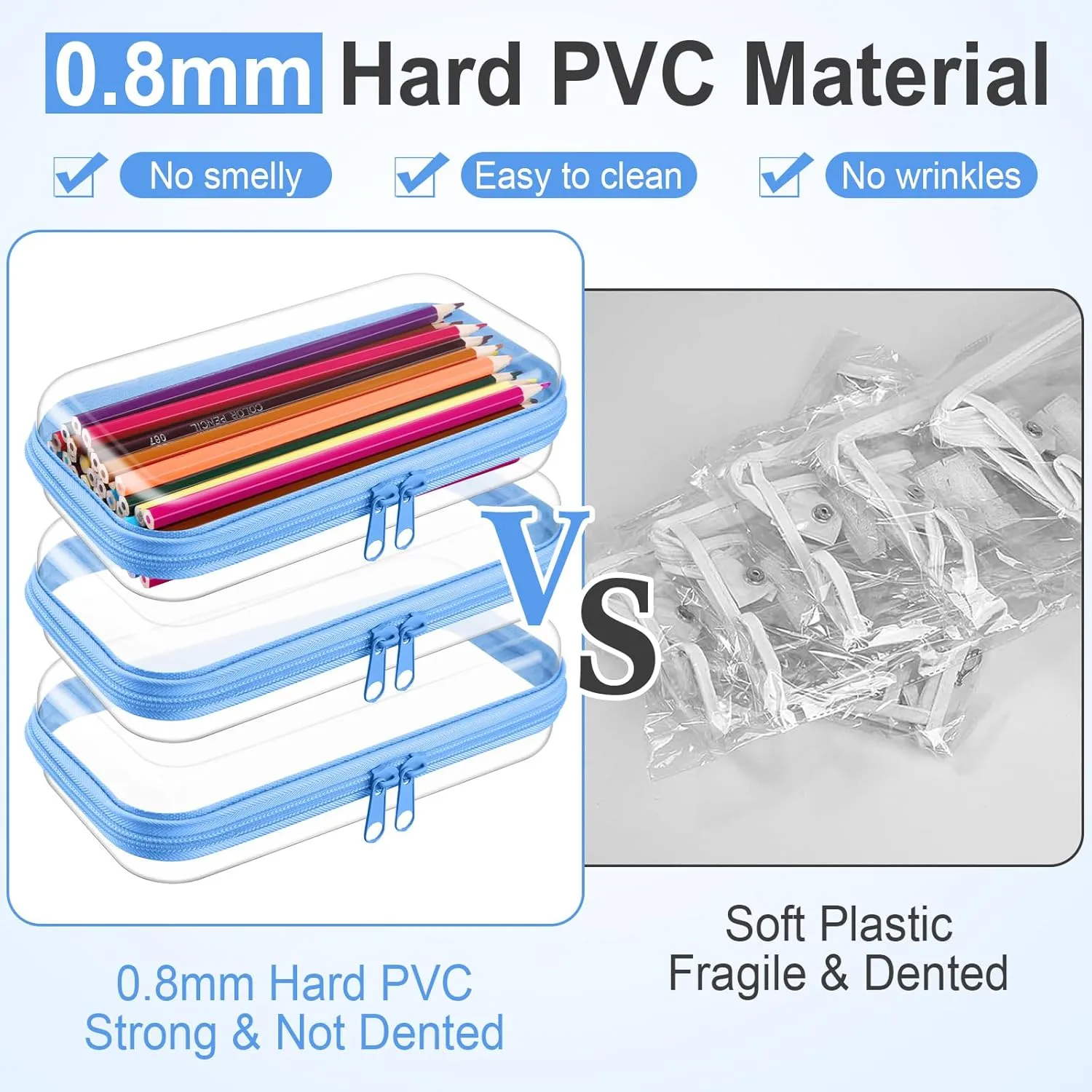 Hoolerry 3 Pcs Clear Hard Zipper Case Plastic Pouch Transparent Hard Case Clear Makeup Bag Portable Travel Organizer Bin for Cosmetics, Building Blocks, Puzzles(Blue,S)