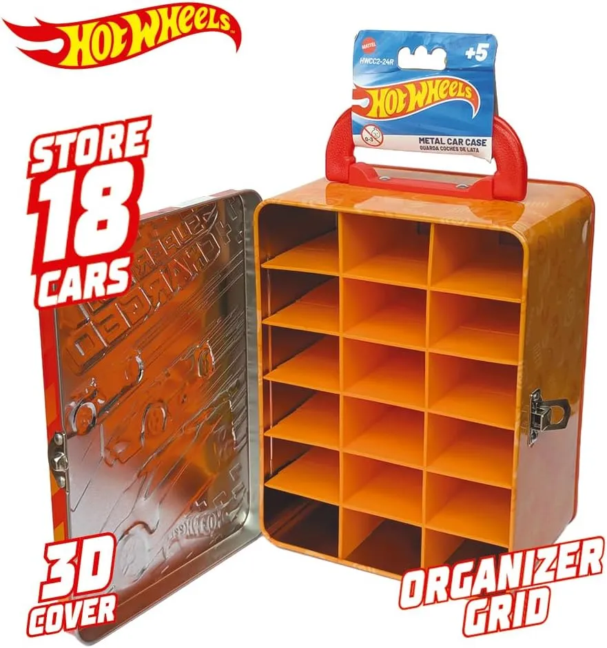 Hot Wheels 1:64 Scale Metal Car Tote Bag 18 Toy Storage and Organizer Gift for Collectors Kids Ages 3  3D HW Racing Lid Design (Cars Not Included)