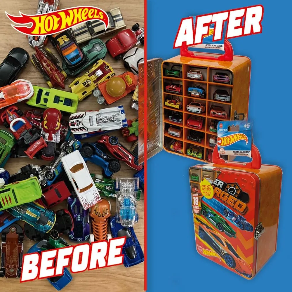 Hot Wheels 1:64 Scale Metal Car Tote Bag 18 Toy Storage and Organizer Gift for Collectors Kids Ages 3  3D HW Racing Lid Design (Cars Not Included)