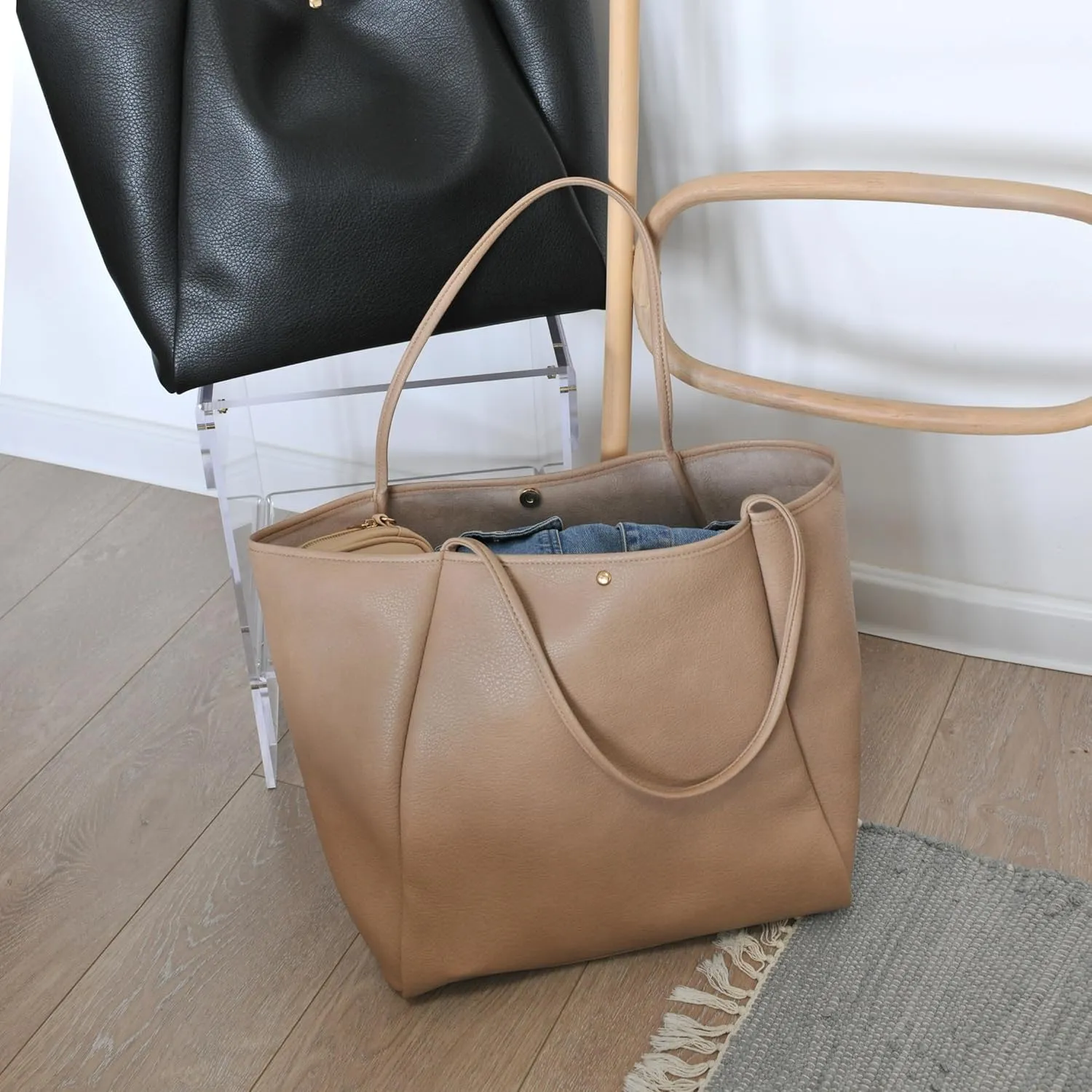 HOXIS Oversize Pu Leather Tote Women Weekender Bag Shopper Handbag Travel Purse