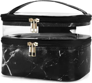 HUA ANGEL Double-layer Cosmetic Bag Travel Makeup Bag for Women Leather Cosmetic Case Portable Travel-Size Toiletry Organizer