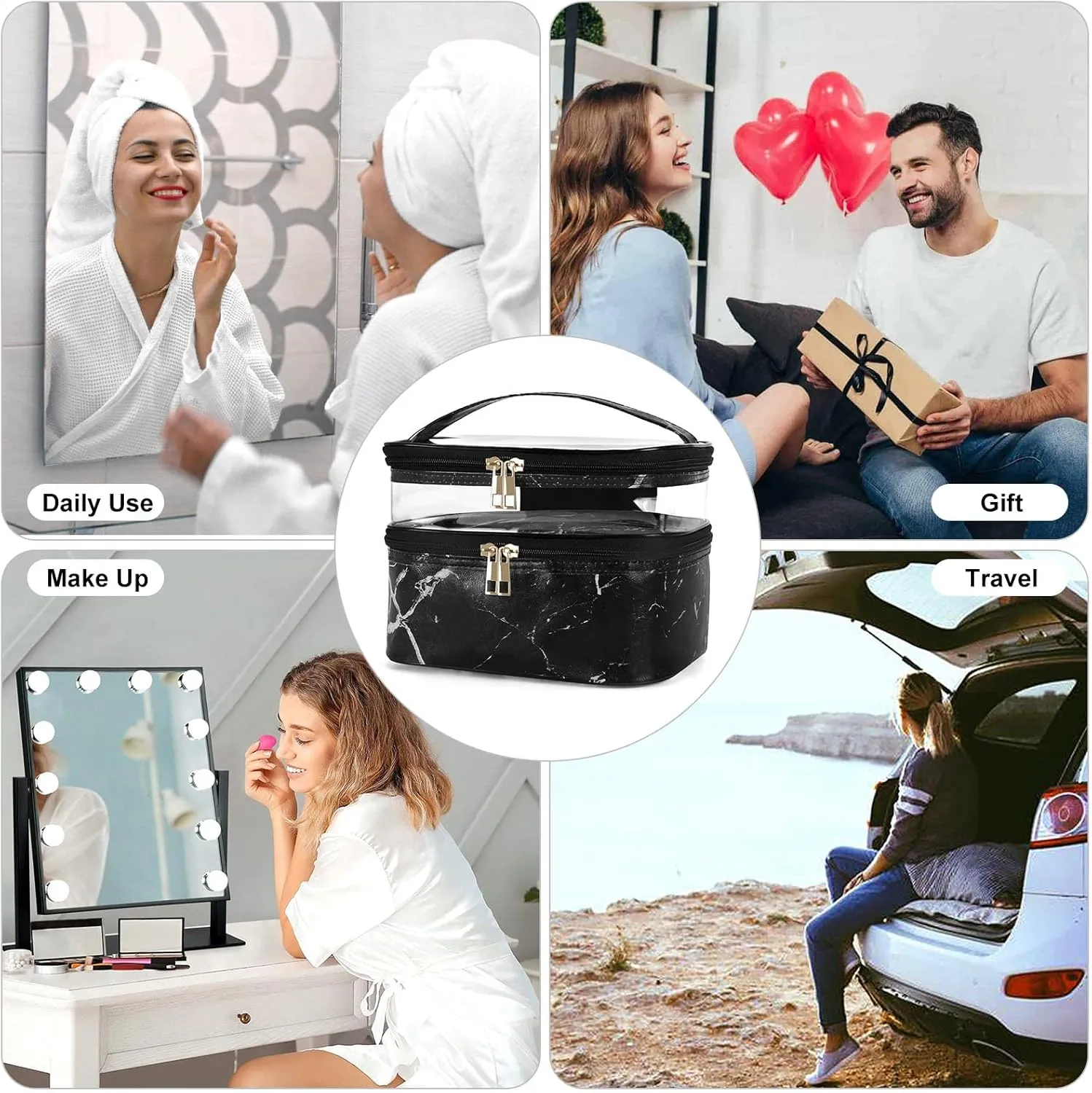 HUA ANGEL Double-layer Cosmetic Bag Travel Makeup Bag for Women Leather Cosmetic Case Portable Travel-Size Toiletry Organizer