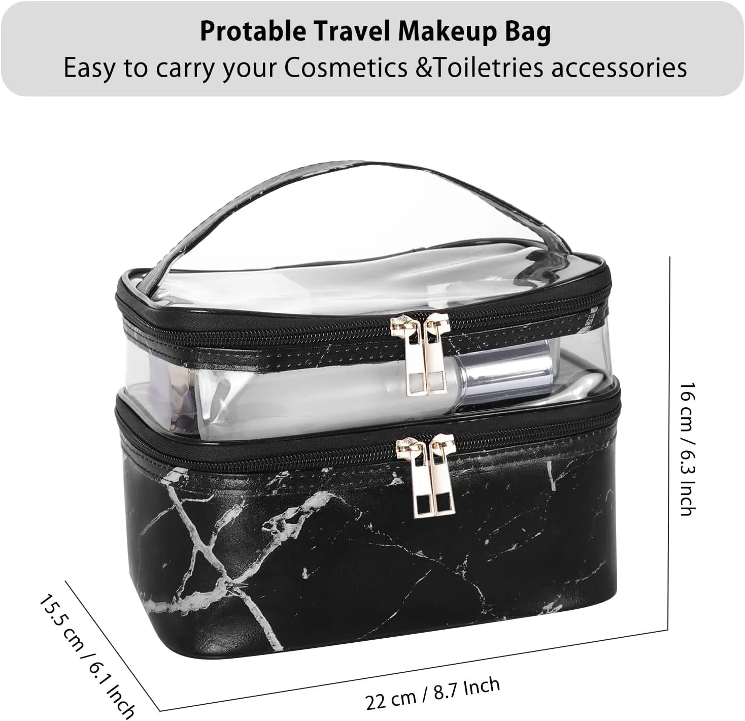 HUA ANGEL Double-layer Cosmetic Bag Travel Makeup Bag for Women Leather Cosmetic Case Portable Travel-Size Toiletry Organizer