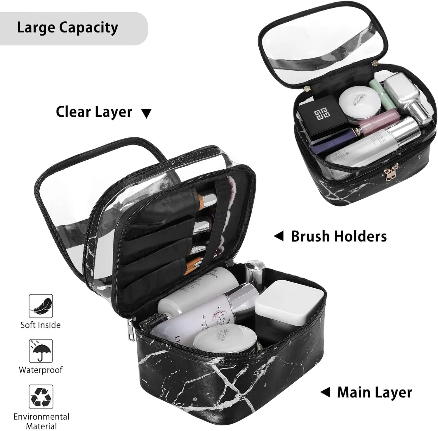 HUA ANGEL Double-layer Cosmetic Bag Travel Makeup Bag for Women Leather Cosmetic Case Portable Travel-Size Toiletry Organizer
