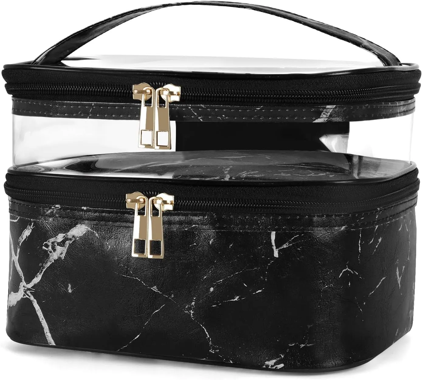 HUA ANGEL Double-layer Cosmetic Bag Travel Makeup Bag for Women Leather Cosmetic Case Portable Travel-Size Toiletry Organizer