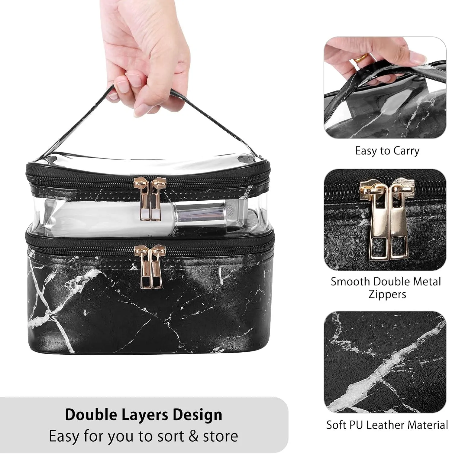 HUA ANGEL Double-layer Cosmetic Bag Travel Makeup Bag for Women Leather Cosmetic Case Portable Travel-Size Toiletry Organizer
