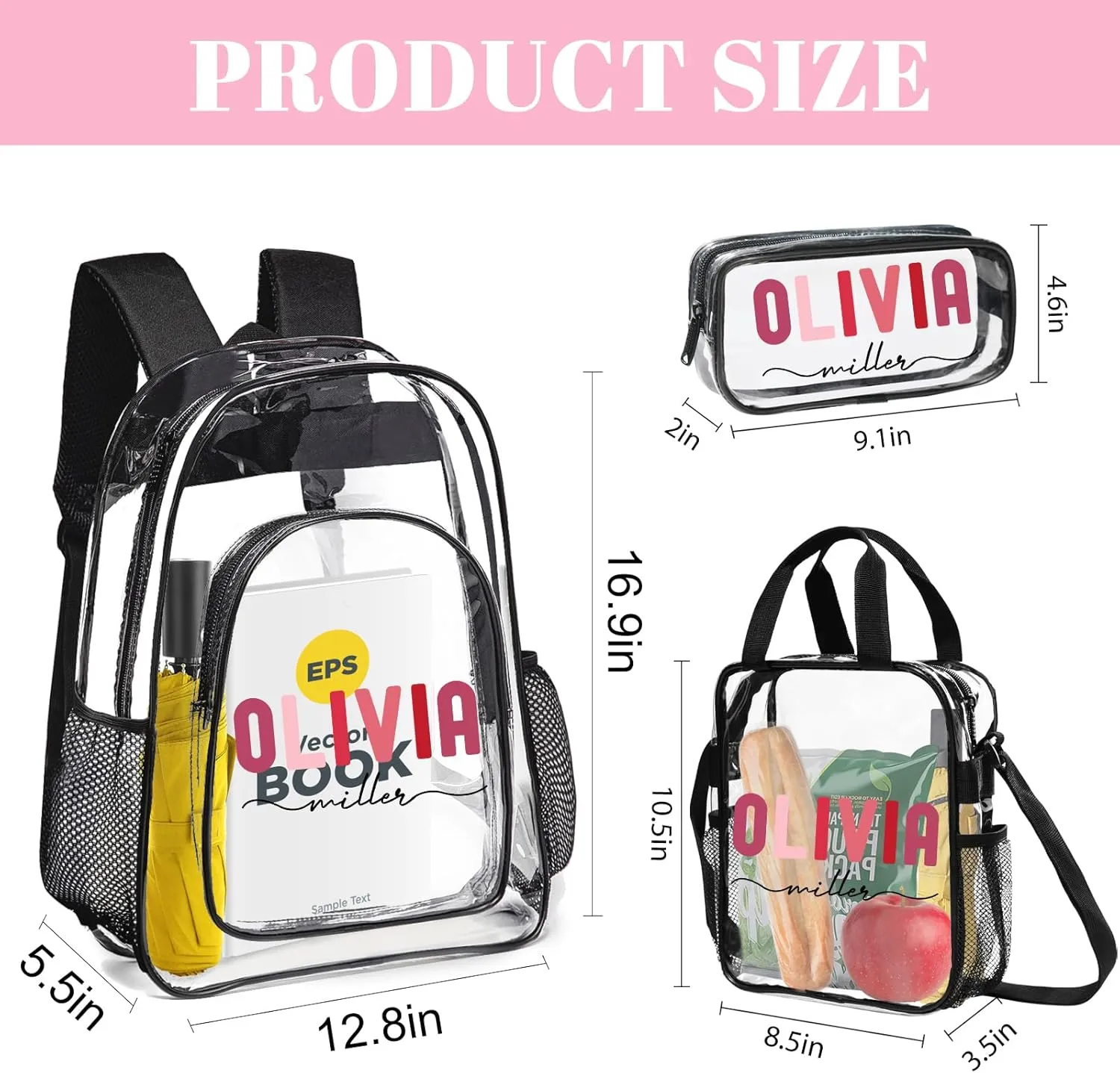 Husguciy Custom Clear Backpack Set with Name - 3Pc Transparent Backpacks for Sport, Work, Travel - Customized Name Backpack Presents for Adults Men Women