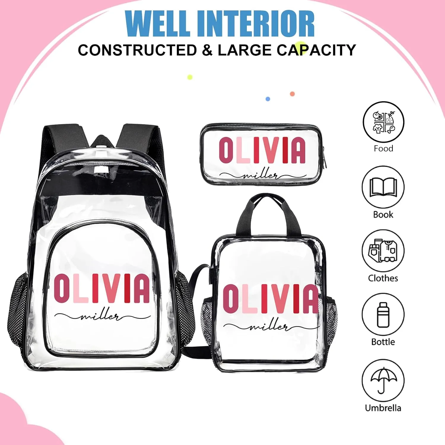 Husguciy Custom Clear Backpack Set with Name - 3Pc Transparent Backpacks for Sport, Work, Travel - Customized Name Backpack Presents for Adults Men Women