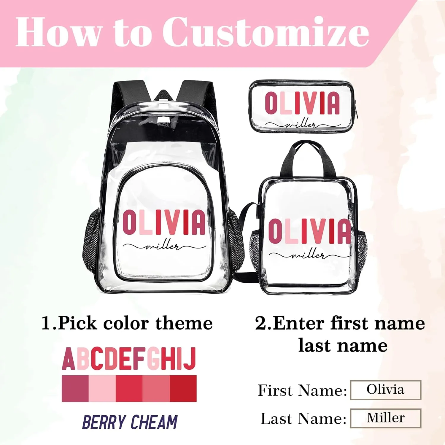 Husguciy Custom Clear Backpack Set with Name - 3Pc Transparent Backpacks for Sport, Work, Travel - Customized Name Backpack Presents for Adults Men Women
