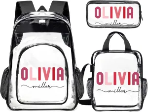 Husguciy Custom Clear Backpack Set with Name - 3Pc Transparent Backpacks for Sport, Work, Travel - Customized Name Backpack Presents for Adults Men Women