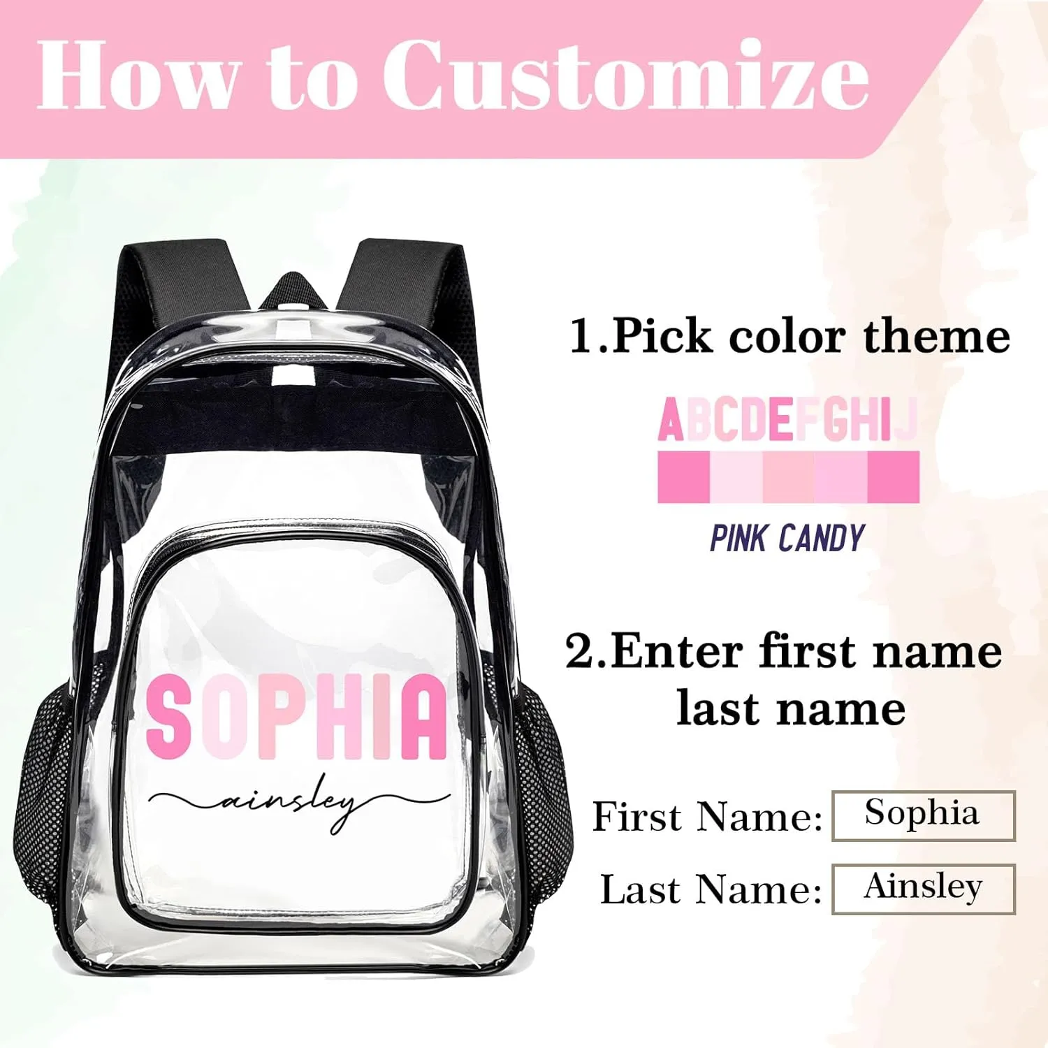Husguciy Custom Name Clear Backpack, Personalized Transparent Backpacks with Name for Sport Events, Customized Clear Bookbag