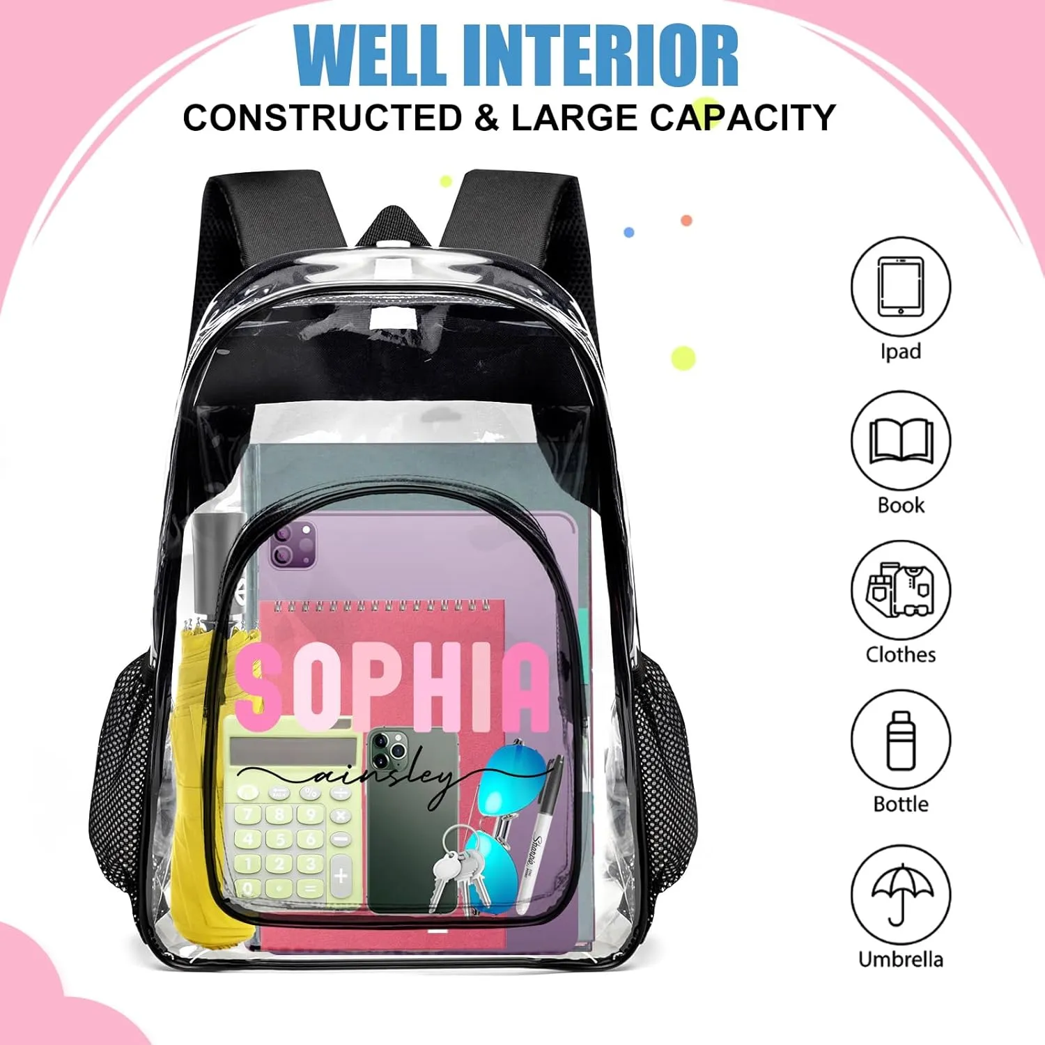 Husguciy Custom Name Clear Backpack, Personalized Transparent Backpacks with Name for Sport Events, Customized Clear Bookbag