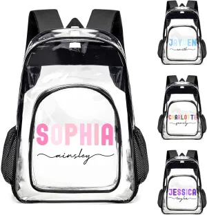 Husguciy Custom Name Clear Backpack, Personalized Transparent Backpacks with Name for Sport Events, Customized Clear Bookbag