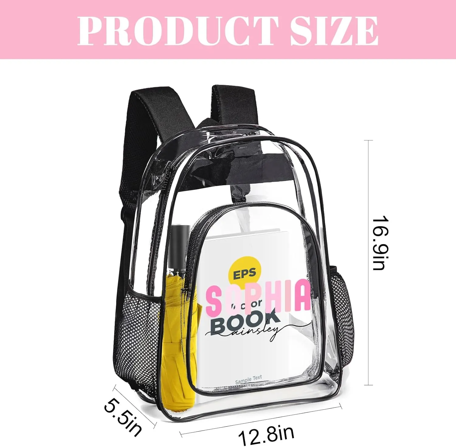 Husguciy Custom Name Clear Backpack, Personalized Transparent Backpacks with Name for Sport Events, Customized Clear Bookbag