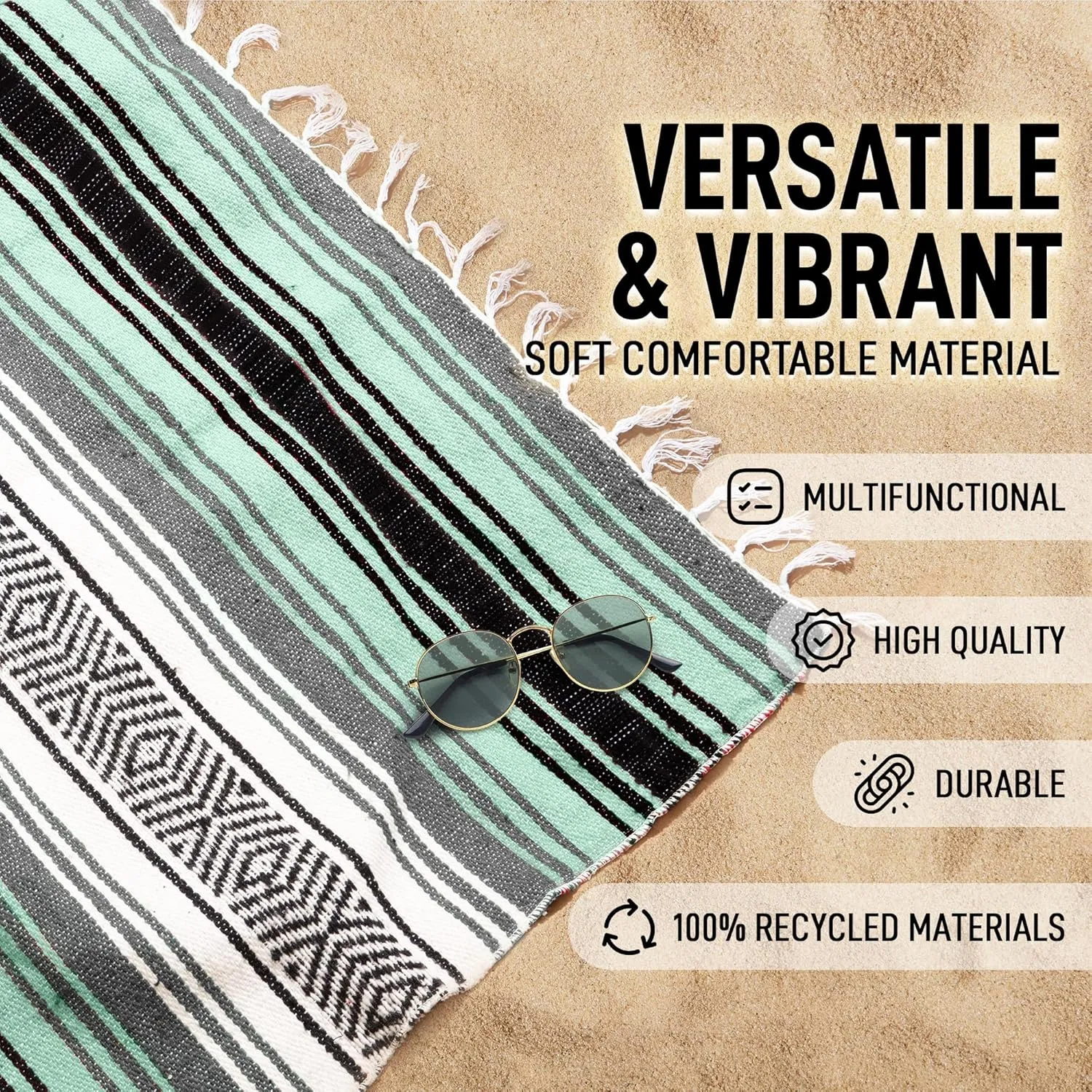 Hydration Nation Authentic Extra Large Mexican Blanket (70"x50") - Handwoven Yoga, Serape- Artisanal Falsa, Beach, Camping, Picnic, Outdoor (Aqua Green)