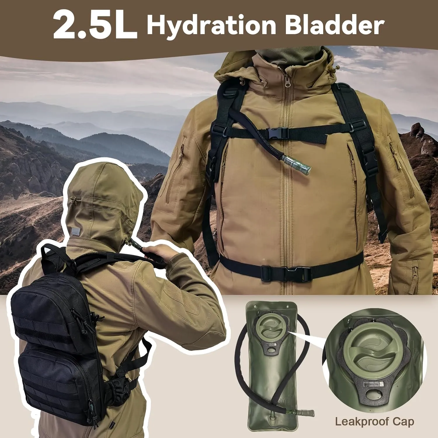 Hydration Pack, 10L Water Backpack with 2.5L Water Bladder, MOLLE System for Outdoor Hiking, Biking, Running, Black