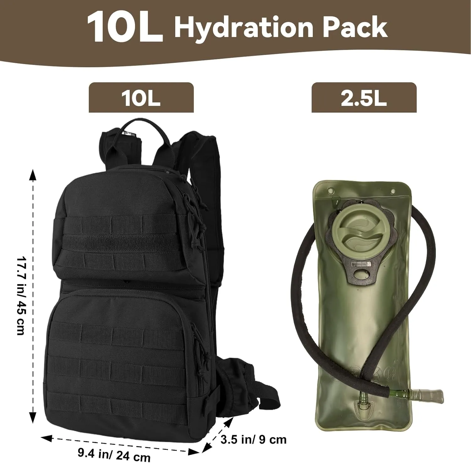Hydration Pack, 10L Water Backpack with 2.5L Water Bladder, MOLLE System for Outdoor Hiking, Biking, Running, Black