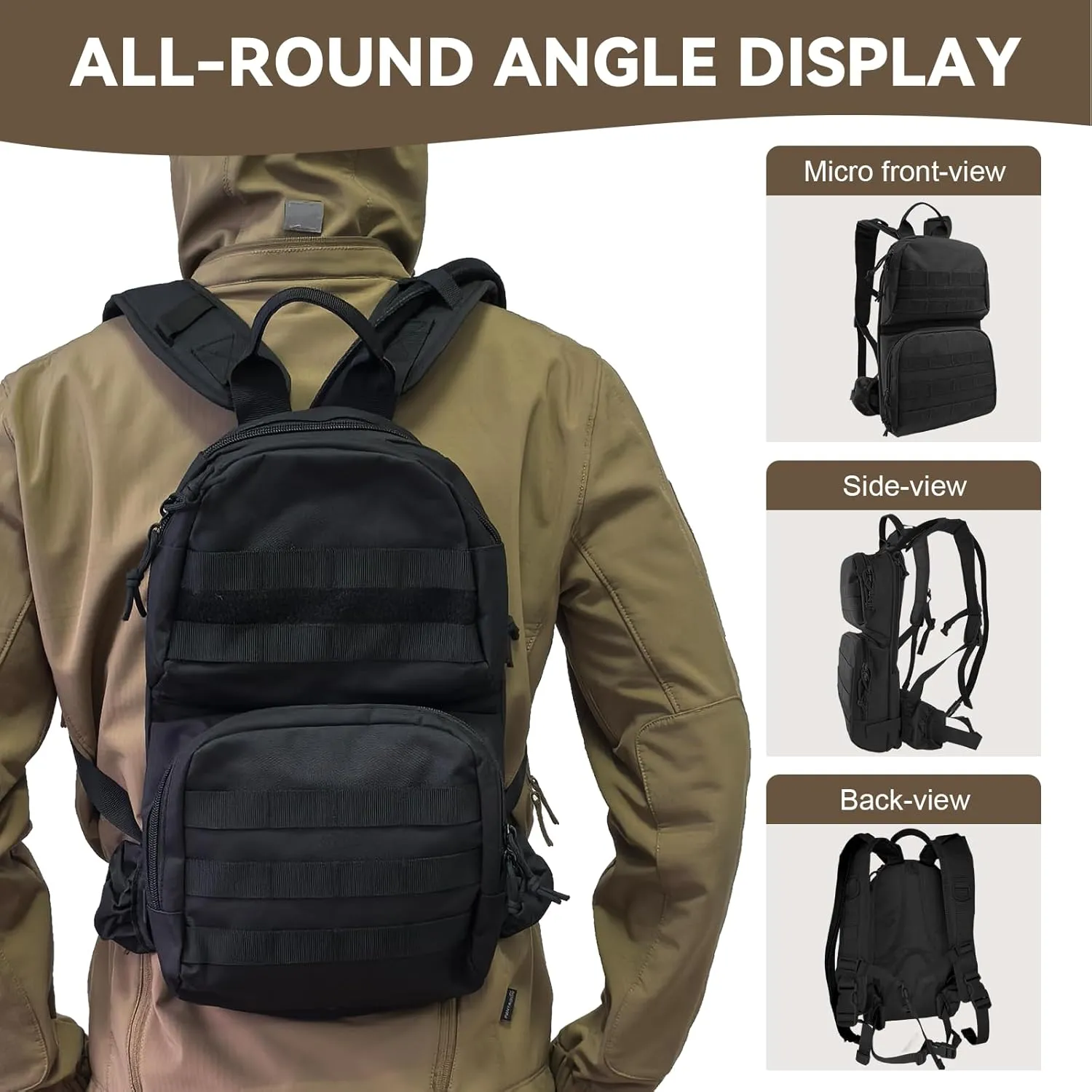 Hydration Pack, 10L Water Backpack with 2.5L Water Bladder, MOLLE System for Outdoor Hiking, Biking, Running, Black