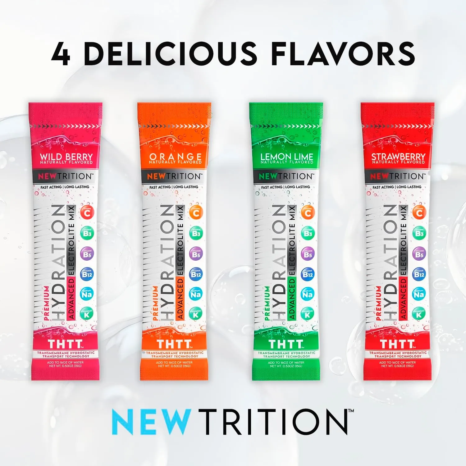 Hydration Powder, Electrolyte Powder Packets, Naturally Flavored Hydrating Packets for Water, Fast Acting Electrolytes with Vitamins, Lime, Strawberry, Orange, Wild Berry, 48 Servings