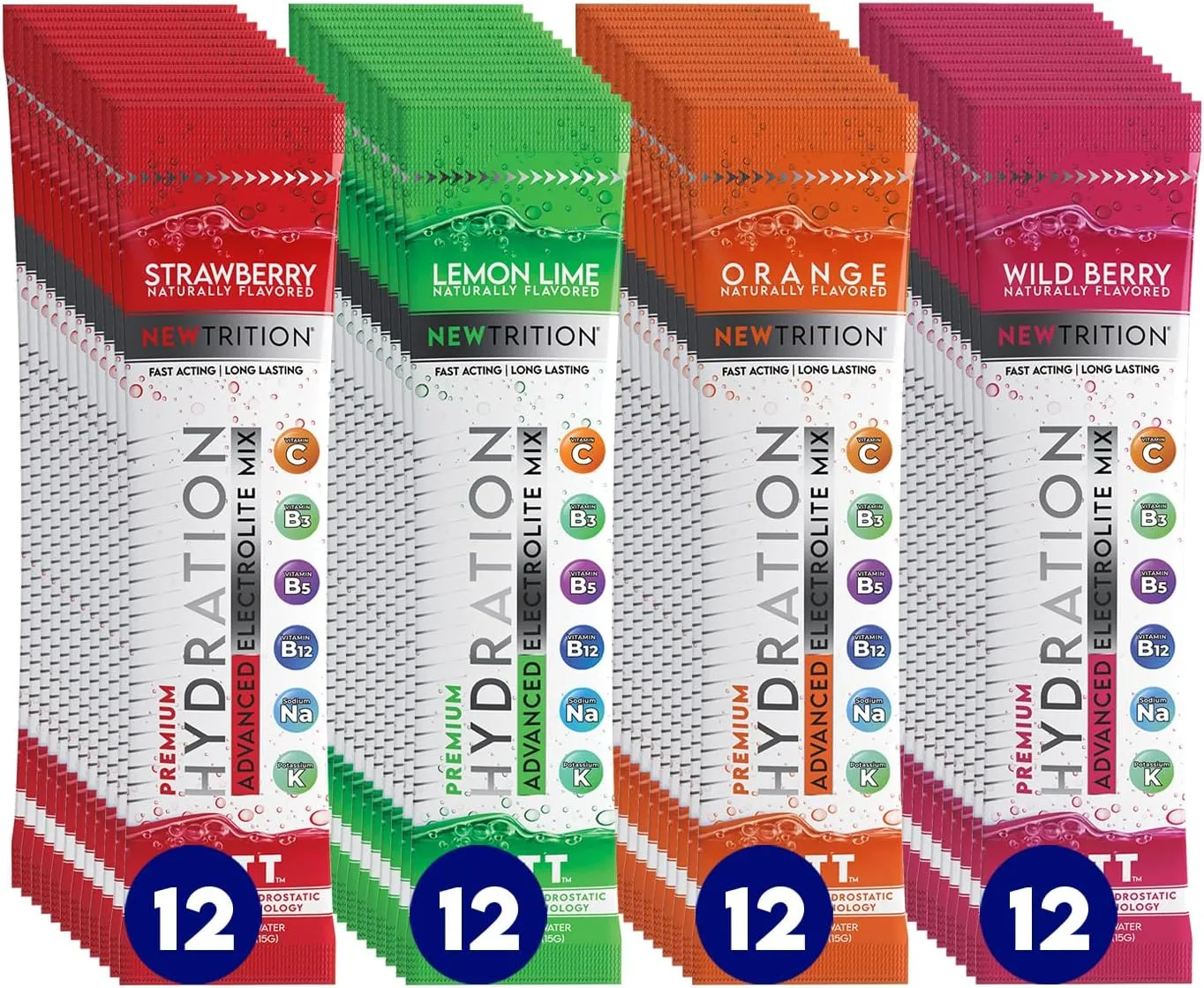 Hydration Powder, Electrolyte Powder Packets, Naturally Flavored Hydrating Packets for Water, Fast Acting Electrolytes with Vitamins, Lime, Strawberry, Orange, Wild Berry, 48 Servings